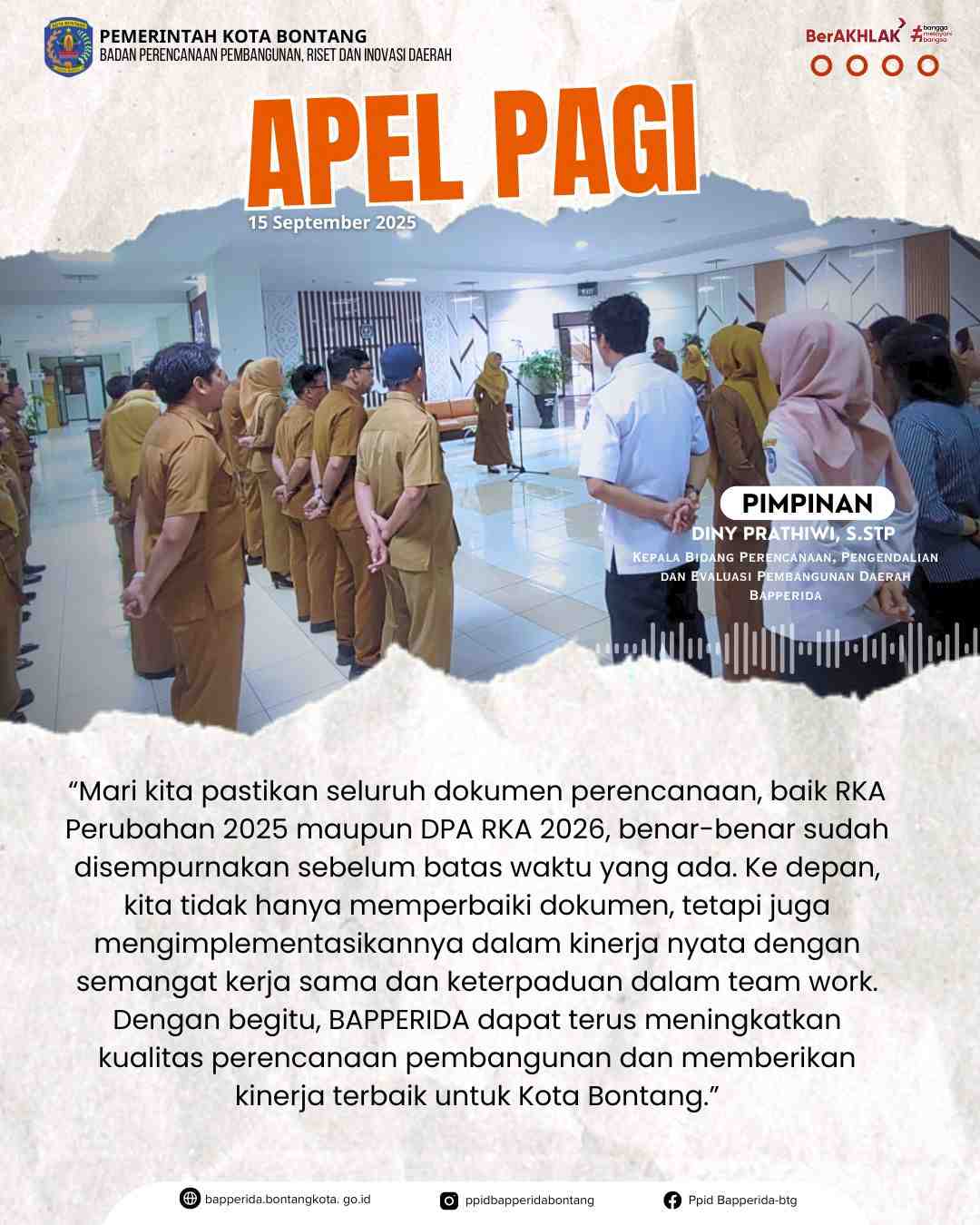 Apel Pagi di Lingkungan Badan Perencanaan Pembangunan, Riset dan Inovasi Daerah (BAPPERIDA) Kota Bontang