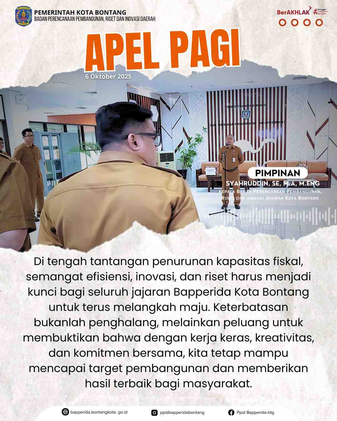 Apel Pagi di Lingkungan Badan Perencanaan Pembangunan, Riset dan Inovasi Daerah (BAPPERIDA) Kota Bontang Sekaligus Pemberian Penghargaan Pegawai Teladan