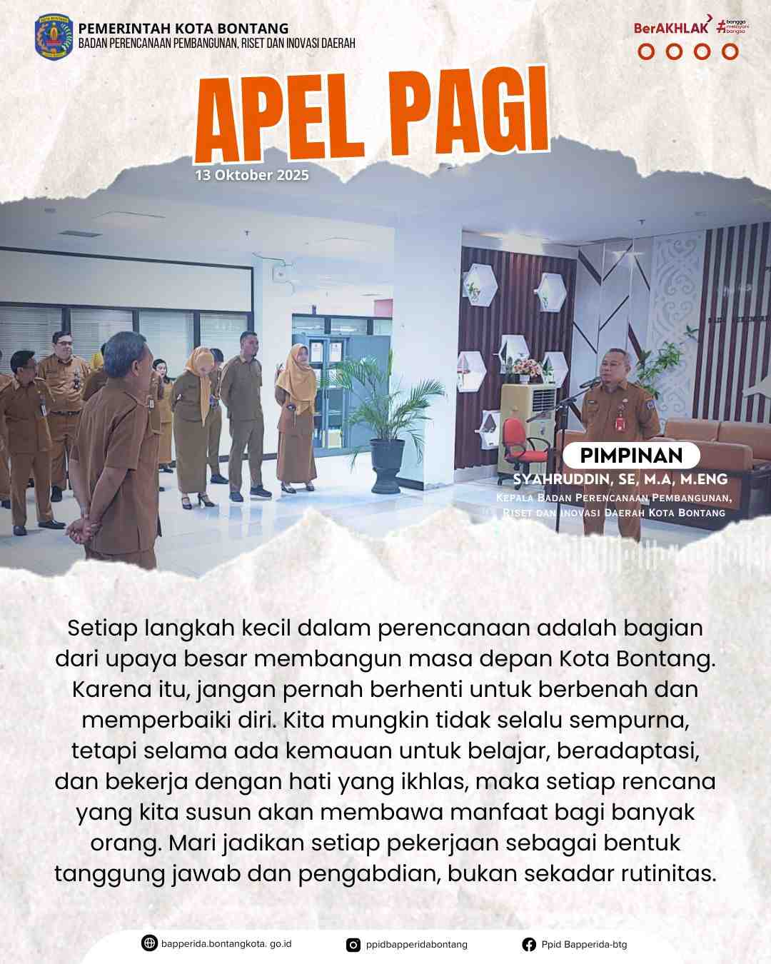 Apel Pagi di Lingkungan Badan Perencanaan Pembangunan, Riset dan Inovasi Daerah (BAPPERIDA) Kota Bontang